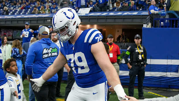 Indianapolis Colts offensive tackle Bernhard Raimann (79) slaps hands pregame, Las Vegas Raiders at Indianapolis Colts, Sunday, Dec. 31, 2023, at Lucas Oil Stadium.